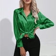 thumbnail image 4 of AKOEE Womens Button Down Satin Shirt Office Work Dressy Casual Lapel Collared Shirts Long Sleeve Business Silk Tops (Small, Green 03), 4 of 5