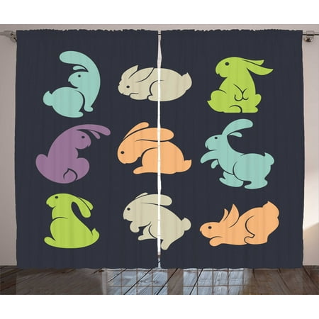 Image of Bunny Curtains 2 Panels Set Pastel Colored Chubby Rabbit Figures in Different Positions on a Dark Background Window Drapes for Living Room Bedroom 108 W X 84 L Multicolor by Ambesonne