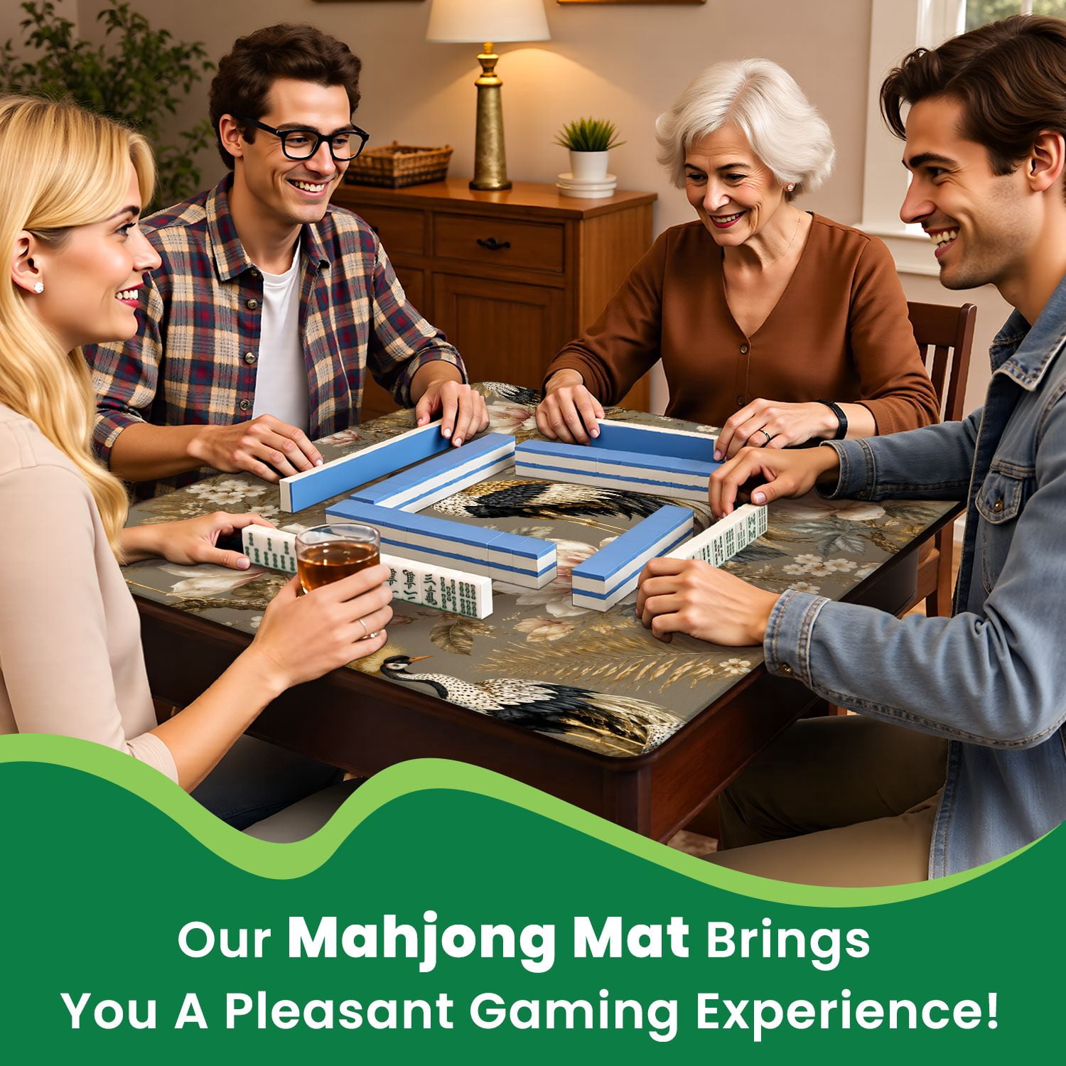 Mahjong Mat 31.5" x 31.5" Seamless golden pheasants birds flowers Japanese textile embroidery Non-Slip Neoprene Cover, Noise-Dampening Tile Game Mat for American Mahjong