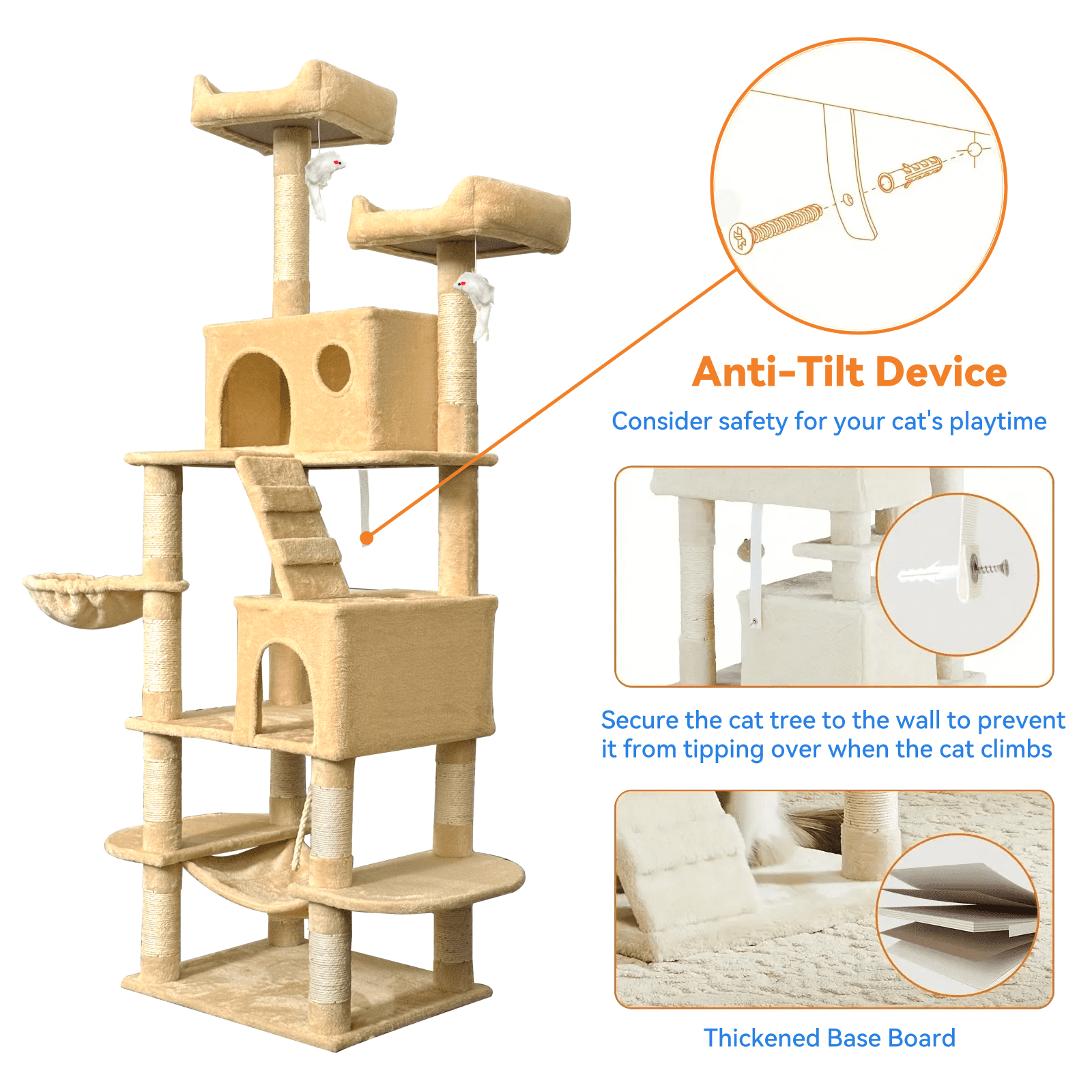 Baohe Indoor Cat Tower 70-Inch Modern Cat Tree with Widened Perch, Ideal for Big Cats & Kittens. Multi-Level Design with Scratching Posts, Tunnel, Basket & Cave Condo