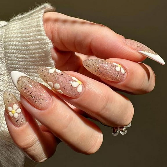 Press on Nails Medium Almond Shaped French White Acrylic Fake Press Ons Nails with Simple Flower Design Glue on Full Cover Artificial False Stick on Nail for Girls Women Daily Wear 24PCS French White