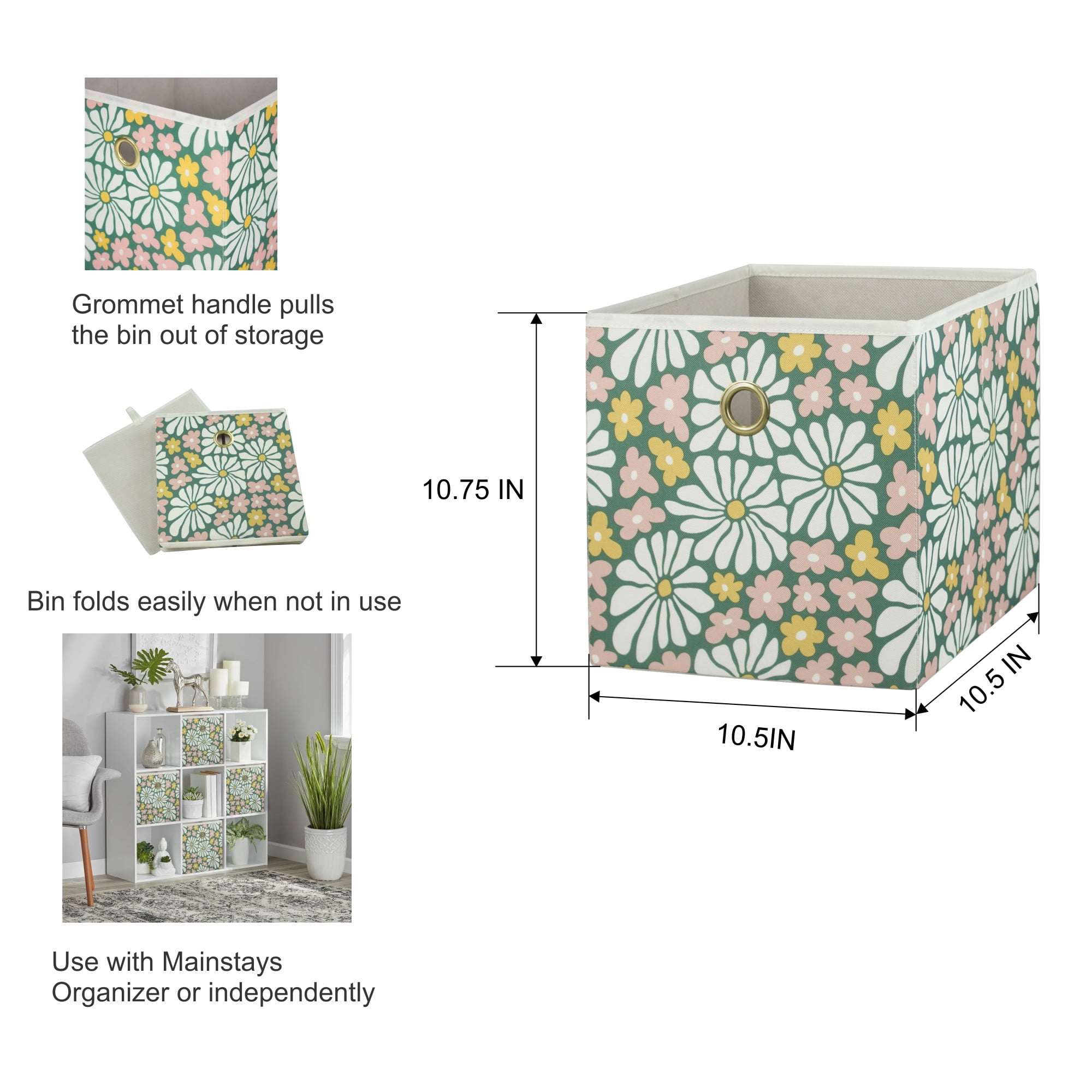 Mainstays Collapsible Fabric Cube Storage Bins (10.5" x 10.5"), Groovy Floral, 4 Pack