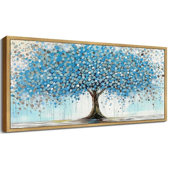 SHENIFY Tree Wall Art Blue Nature Tree of Life Abstract Wall Art Modern Large Panoramic Landscape Artwork Living Room Bedroom Home Decor 8x16in Natural Framed