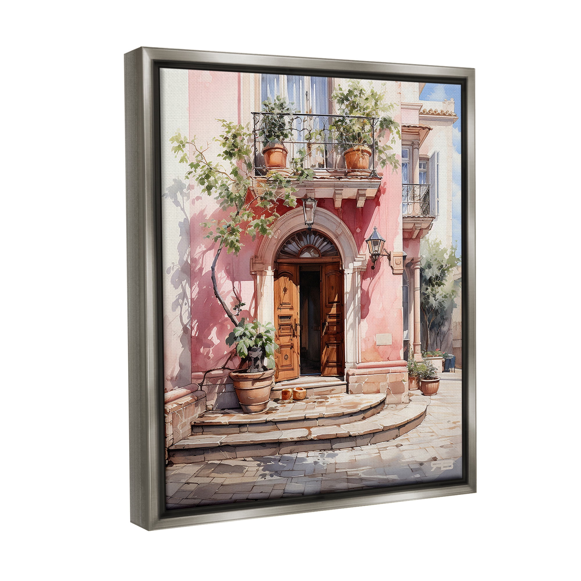 Stupell Industries European Building Doorway Travel & Places Painting Gray Floater Framed Canvas Art Print Wall Art, 25 x 31