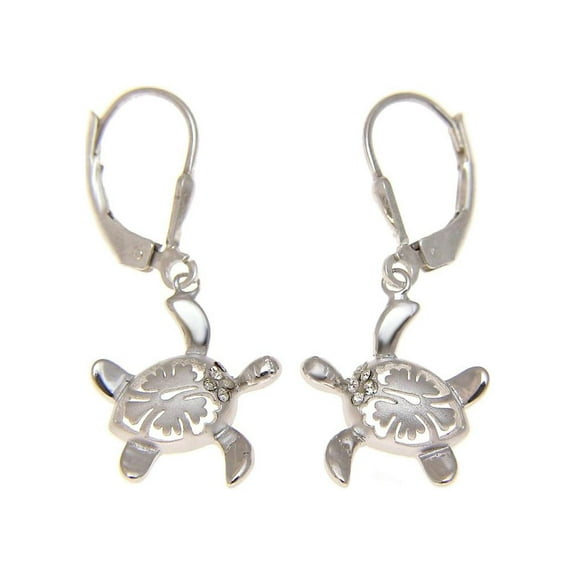925 sterling silver 13.70mm Hawaiian honu turtle hibiscus cz leverback earrings