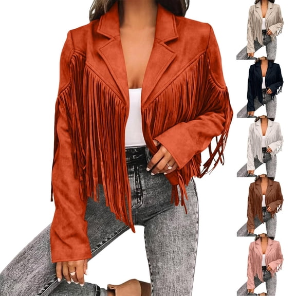 Mutghys Fringe Jacket for Women Lapel Solid Color Cropped Jackets Daily Party Slim Comfy Winter Outerwear