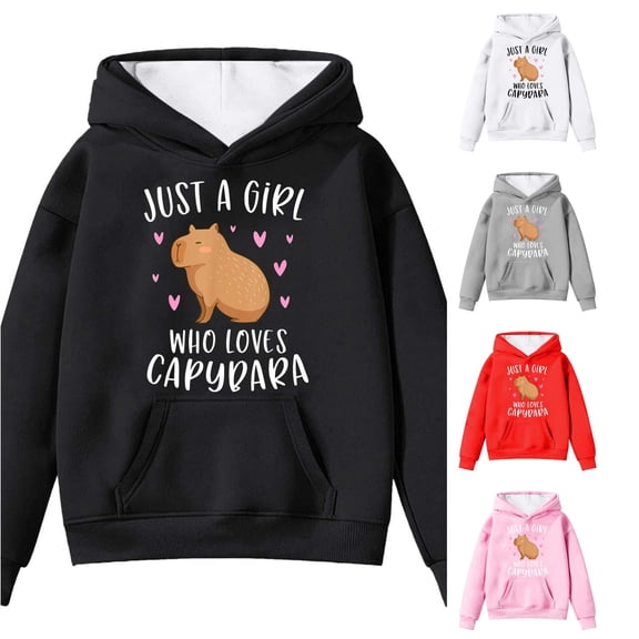 RTKFRFLM Girls Capybara Letter Graphic Hoodie Cute Animal Youth Pullover Sweatshirt Trendy Thermal Winter Tops for Kids Ages 4-14 Years