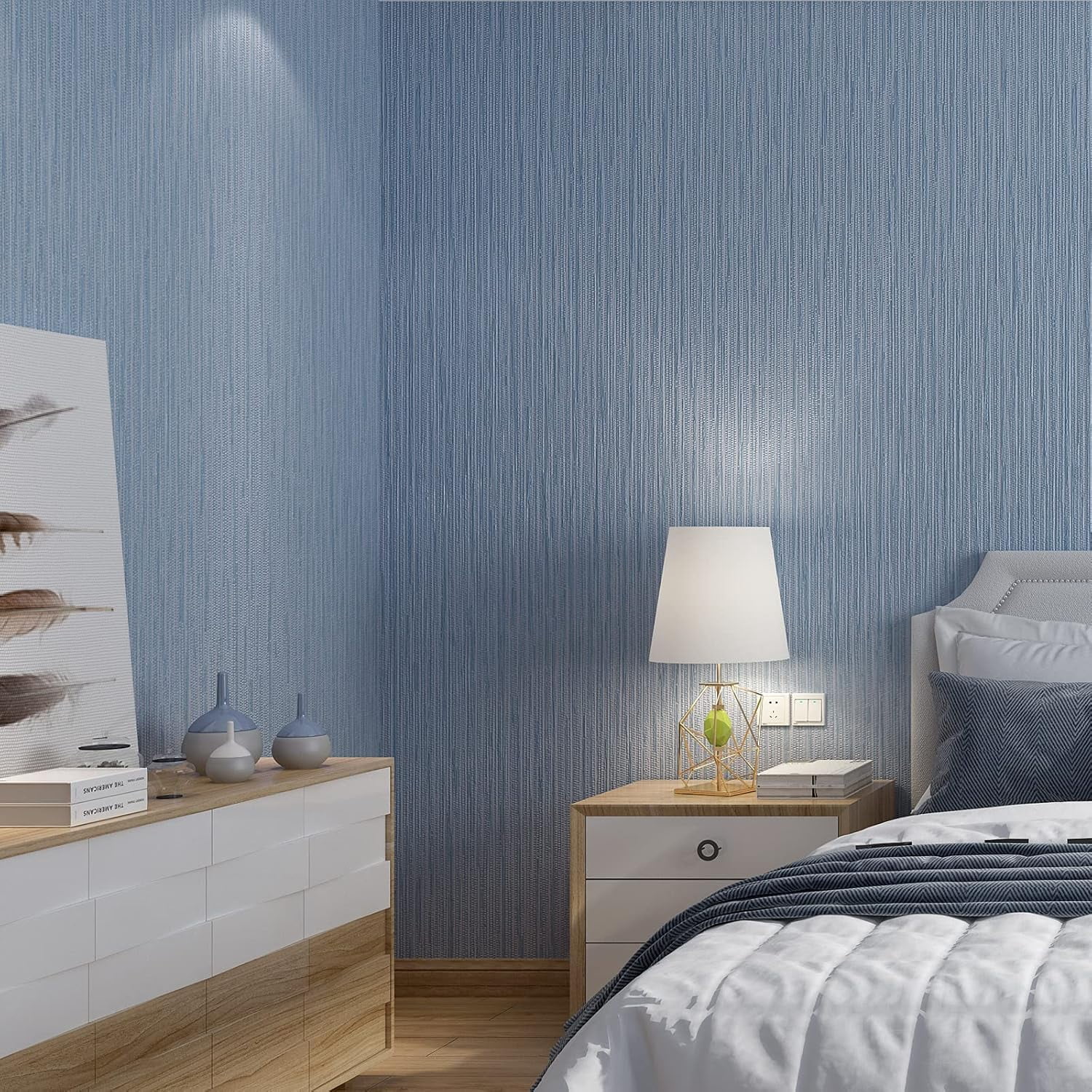 Grasscloth Wallpaper Textured 24in X 393in Fabric Contact Paper Grey Blue Wall Paper Textured Linen Peel and Stick Self-Adhesive Thick Vinyl Embossed Film Wallpaper (Gray Blue)