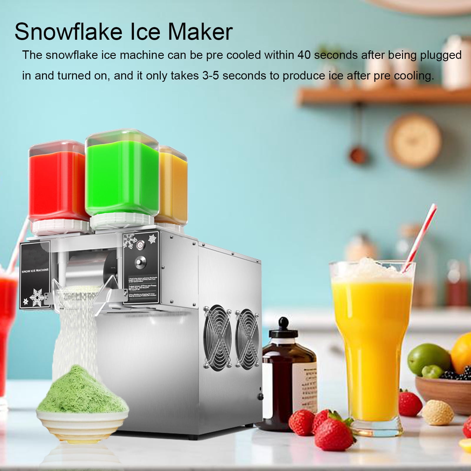 Commercial Snowflake Ice Machine, 750W Speed Adjustable Snow Cone Maker, Shaved Ice Machine with Heat Dissipation Fans, Four 2.5-liter Barrels (265 Lbs / 24Hours)