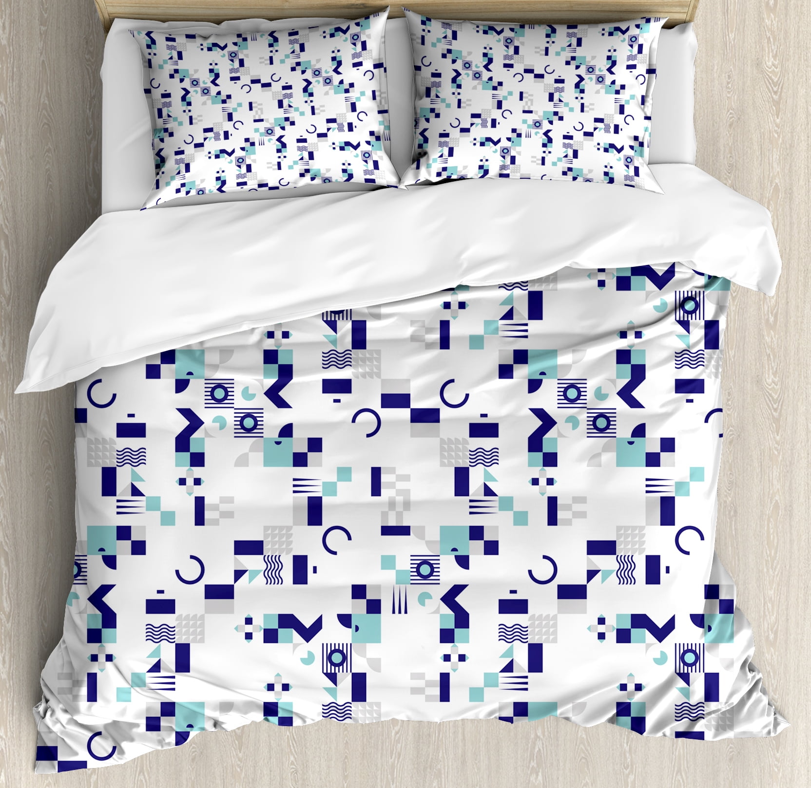 Mid Century King Size Duvet Cover Set Art Deco Inspired Pattern From Seventies With Geometrical Shapes Decorative 3 Piece Bedding 2 Pillow