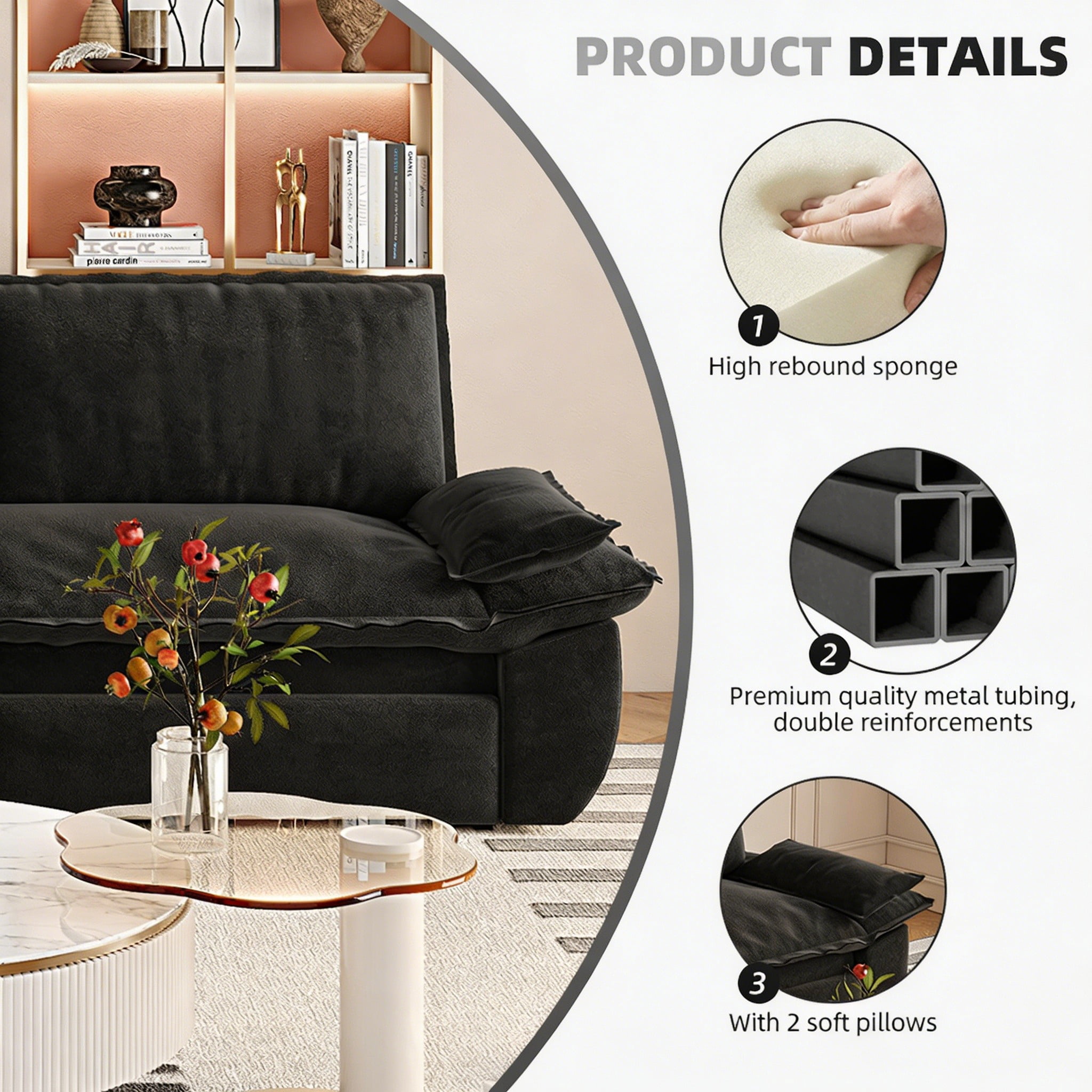 Multi-Functional Velvet 3-in-1 Convertible Sofa Bed, Queen Size Sleeper Loveseat with 2 Pillows, Black