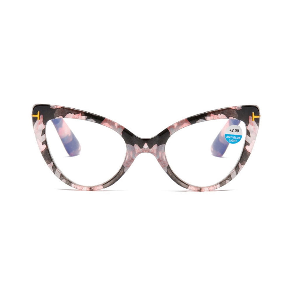 4 Pairs of Fashion Floral Print Thick Oversized Cat Eye Reading Glasses for Women, Classic Anti-blue Light Readers Presbyopic Glasses +3.00