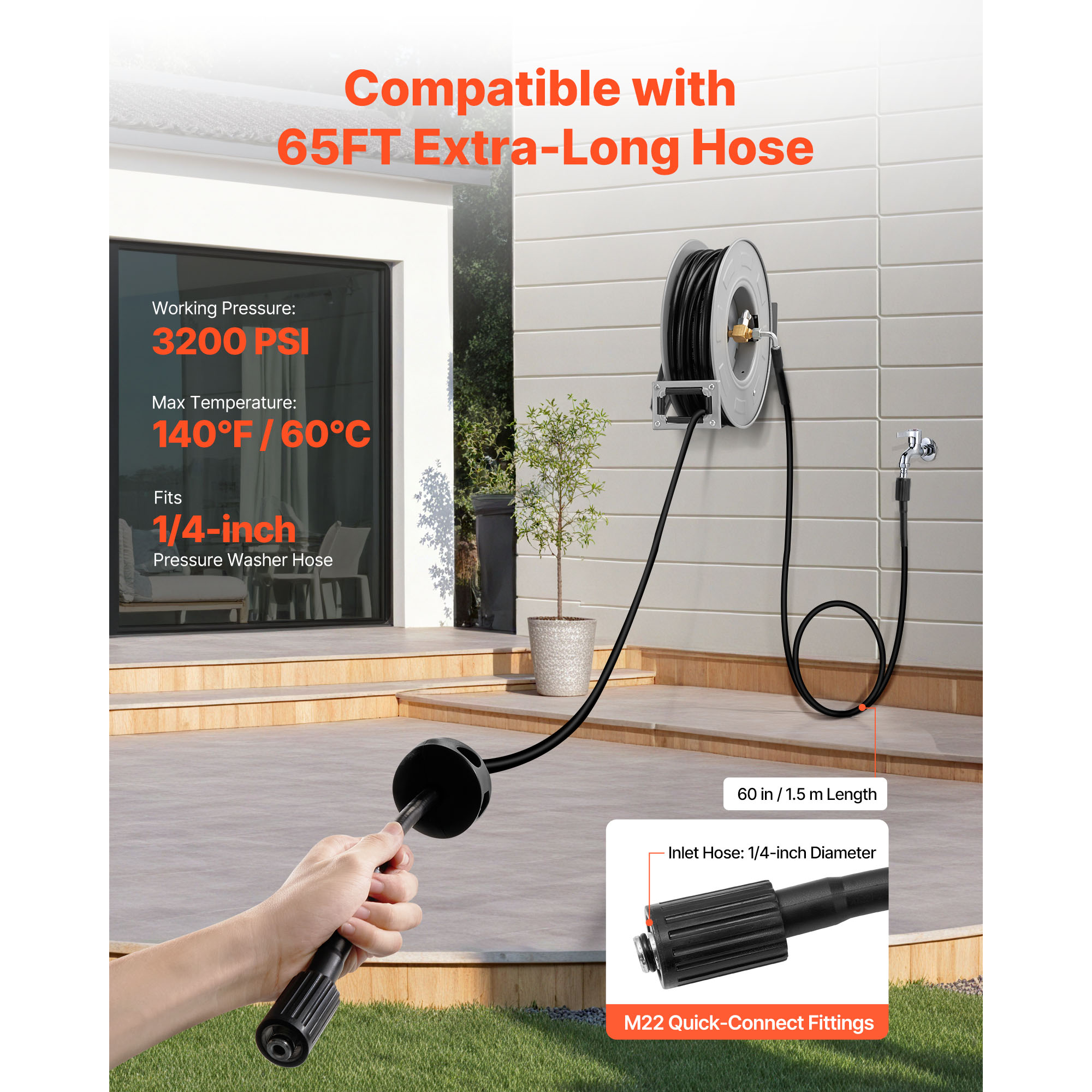 KFFKFF Retractable Pressure Washer Hose Reel, 65 ft x 1/4 inch Heavy-Duty Steel, 3200 PSI Max, Auto-Rewind, Wall/Floor Mount for Cleaning Cars, Gardens, and Floors
