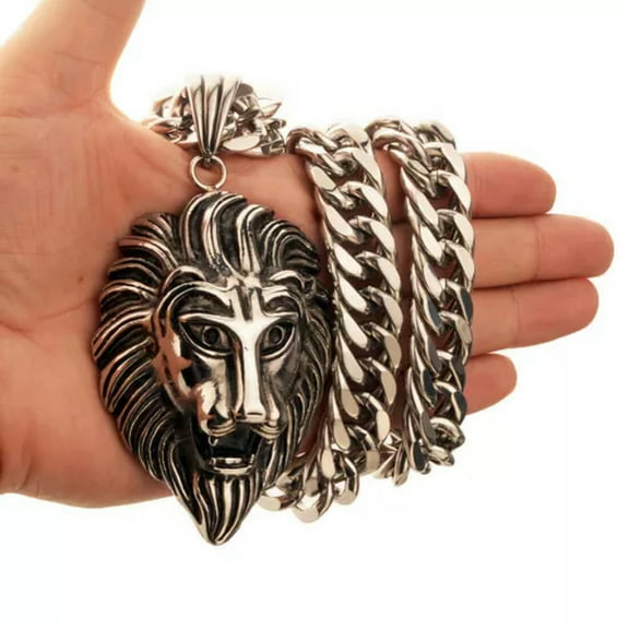 Mens Heavy Silver Necklace Stainless Steel Large Lion Head Pendant Cuban Chain