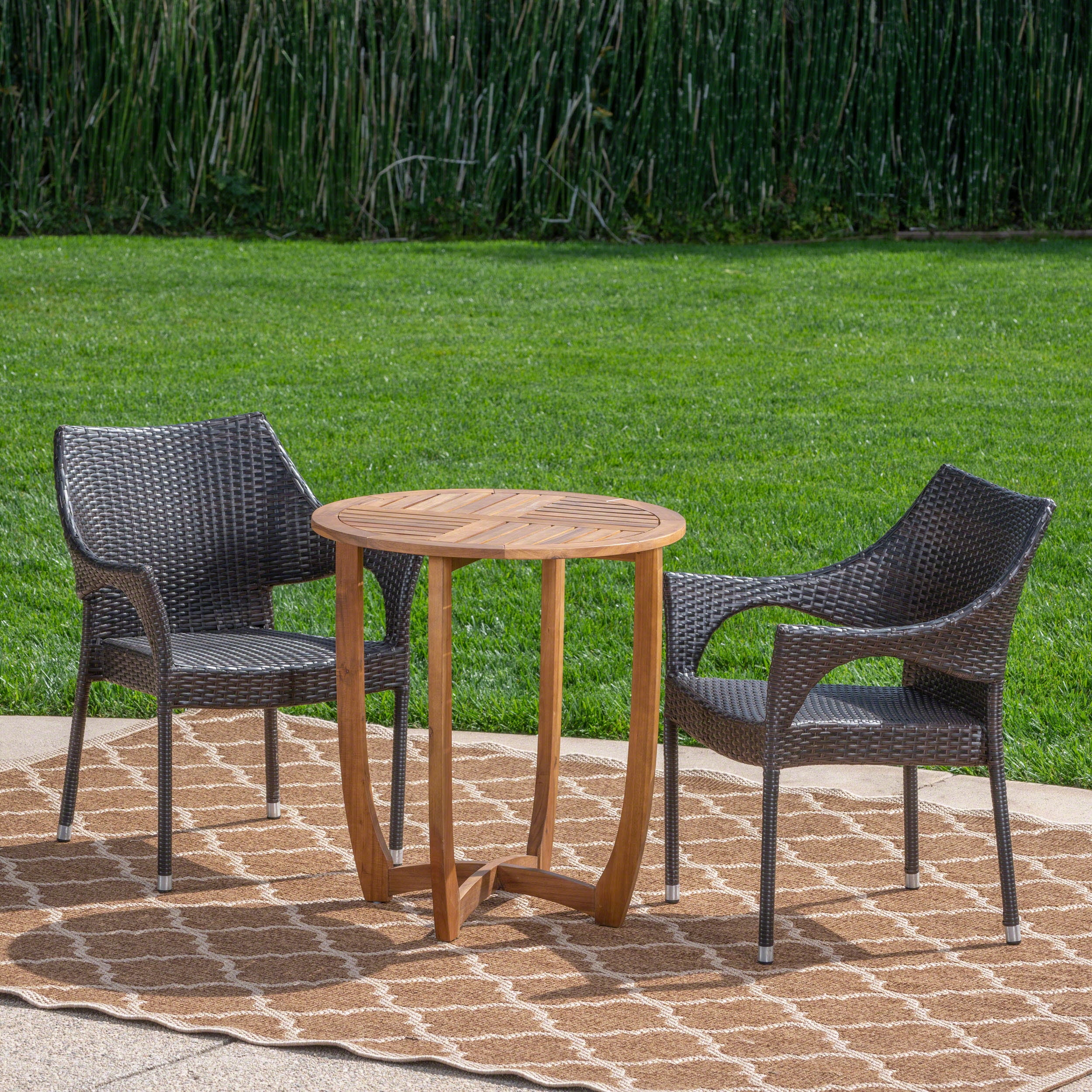 Outdoor 3 Piece Acacia Wood/ Wicker Bistro Set, Teak Finish,Multibrown