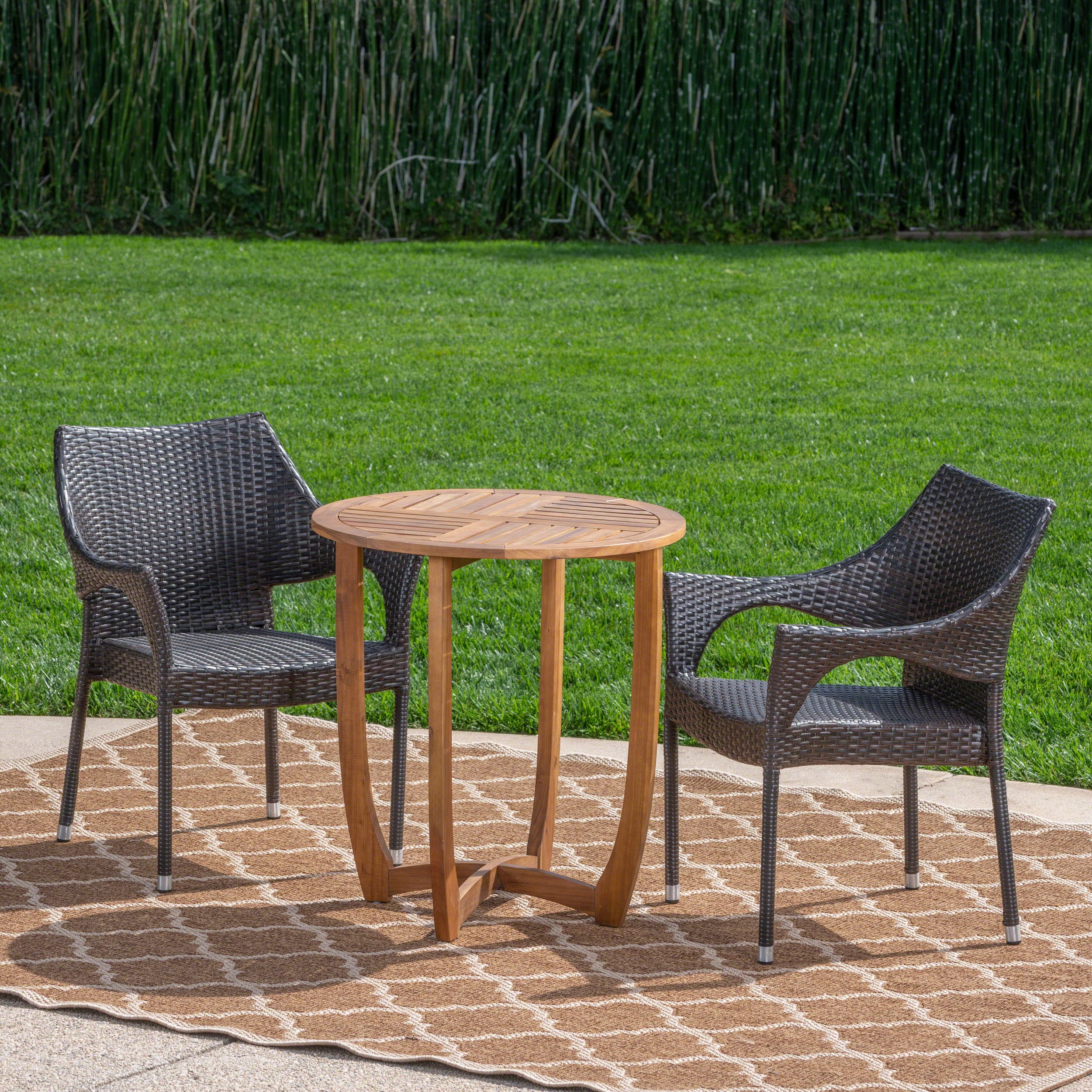 Outdoor 3 Piece Acacia Wood Wicker Bistro Set Teak Finishmultibrown