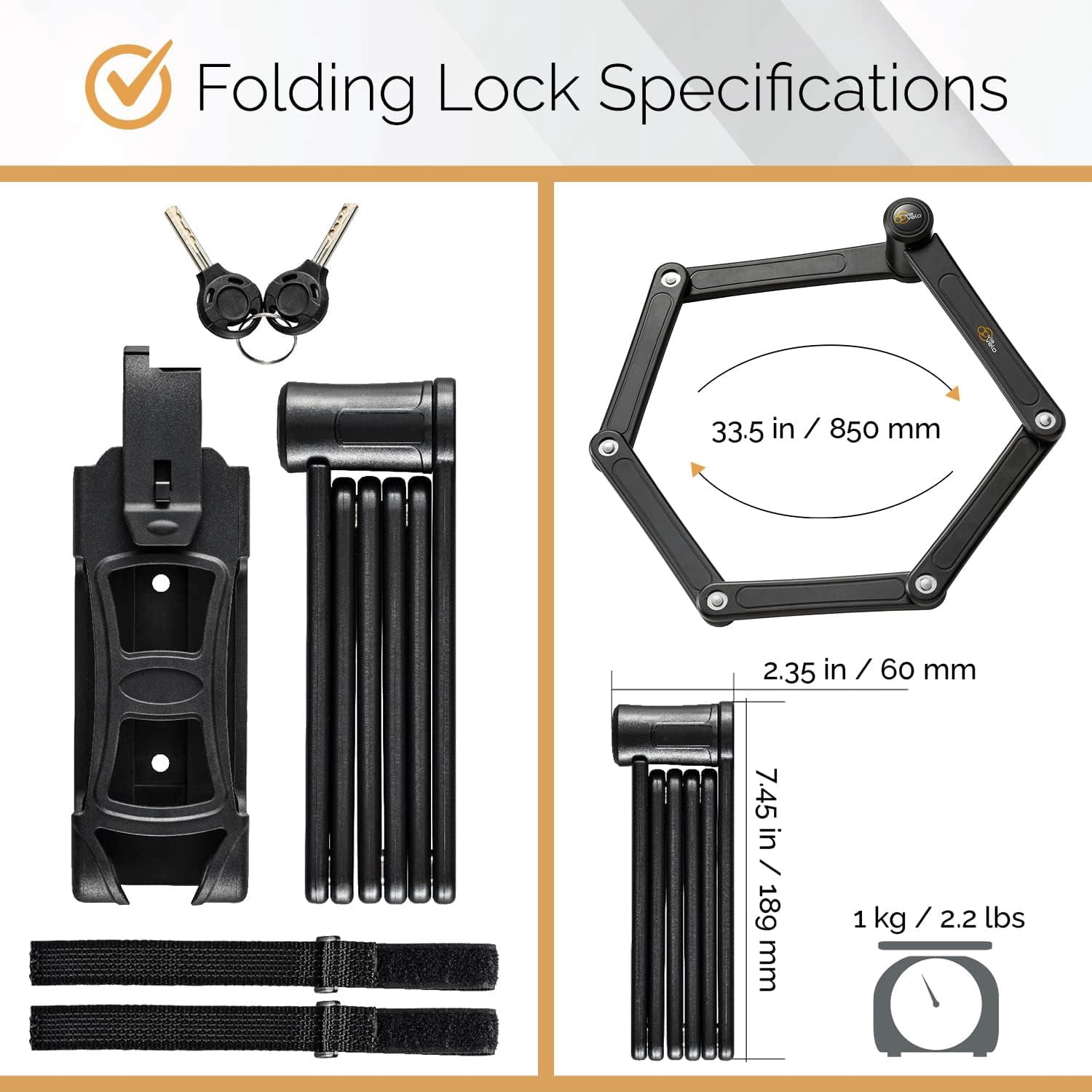 Via Velo Folding Bike Lock Set 3-in-1 Heavy-Duty Bike Lock with Bike Cable & Same Key System