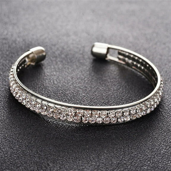2 Rows Opening Bracelets Women Crystal Rhinestone Bangle Wristband Cuff Open Silver platted