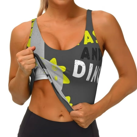 Qokaie Cute Dinosaur Pattern Womens Scoop Neck Sports Bra Breathable Workout Vest Padded U Back Medium Impact Fitness Gym Yoga Bra Workout Crop Top