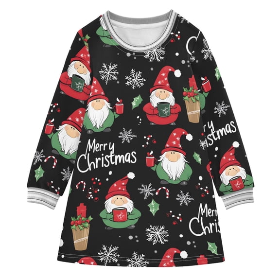 Girls' long-sleeved dress Christmas Gnome Snowflake Girls' A-line dress with ribbed cuffs Soft and comfortable