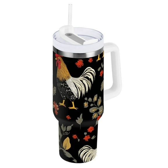 Ryvnso 40 oz Tumbler with Handle and Straw Roosters Plants Insulated Stainless Steel Travel Mug with Lid