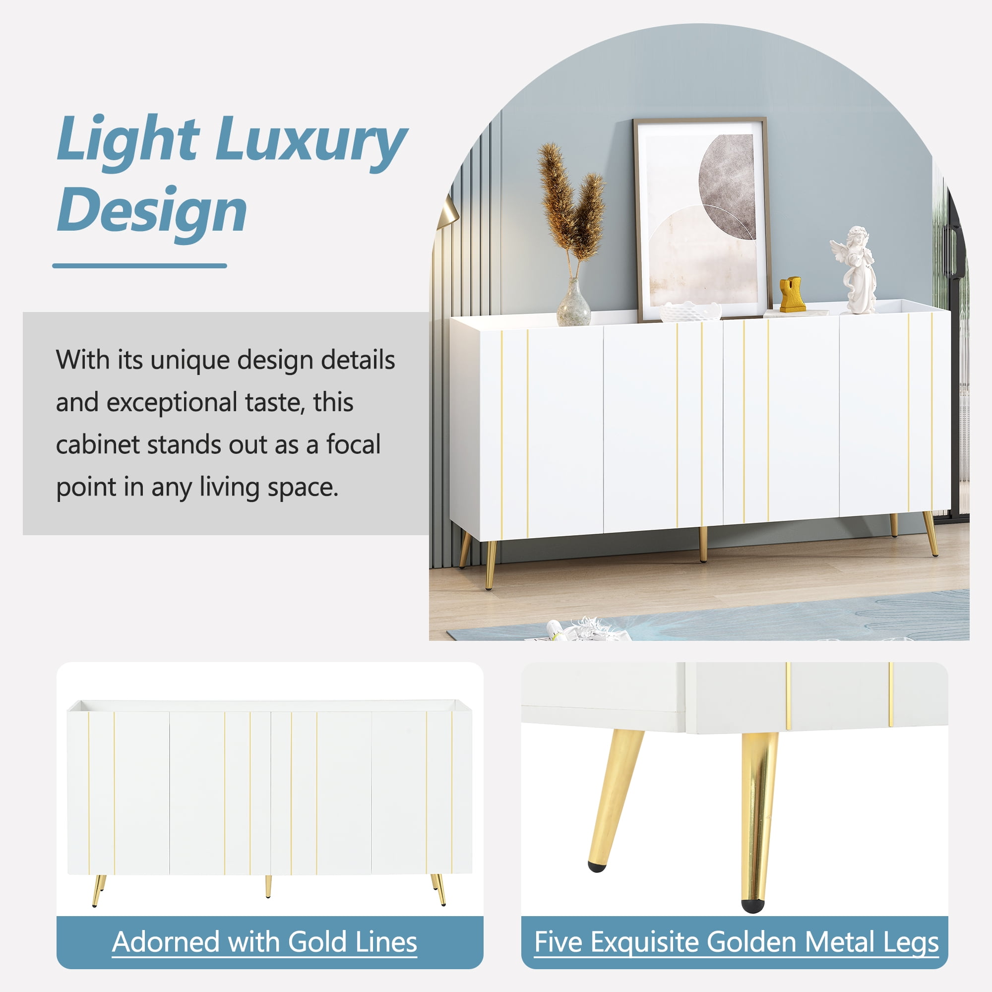 Euroco Modern Storage Cabinet with Gold Accents and Adjustable Shelves, Multi-Purpose Sideboard for Entryway, Kitchen, or Living Room – Handleless Design with Spill-Proof Top