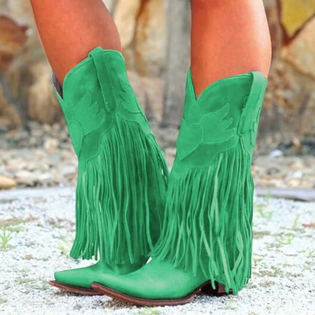 

Cathalem Taupe over The Knee Boots for Women Wide Calf Womens Boots Comfortable Pull On Chunky Heel Pointed Toe Fringed Boots Shoes Green 9