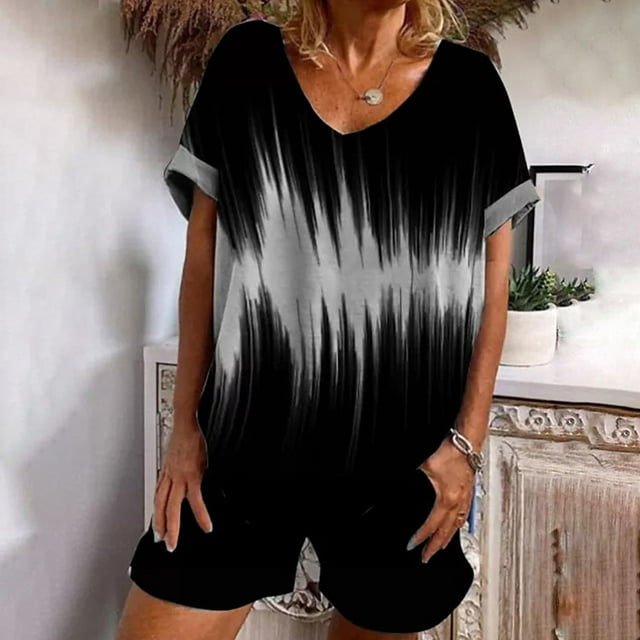 Puntoco 2 piezas mujeres casual verano deportes traje cuello redondo impresión manga corta pantalones cortos conjunto liquidación Puntoco Puntoco-1296