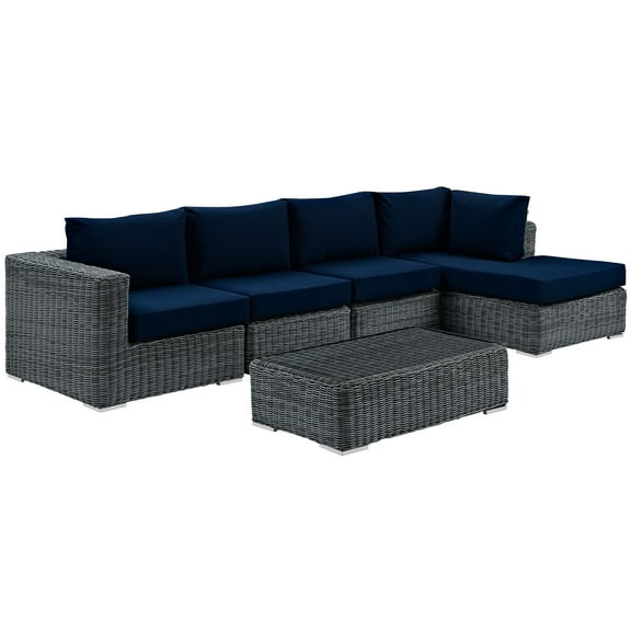 Modern Contemporary Urban Design Outdoor Patio Balcony Five PCS Sectional Sofa Set, Navy Blue, Rattan