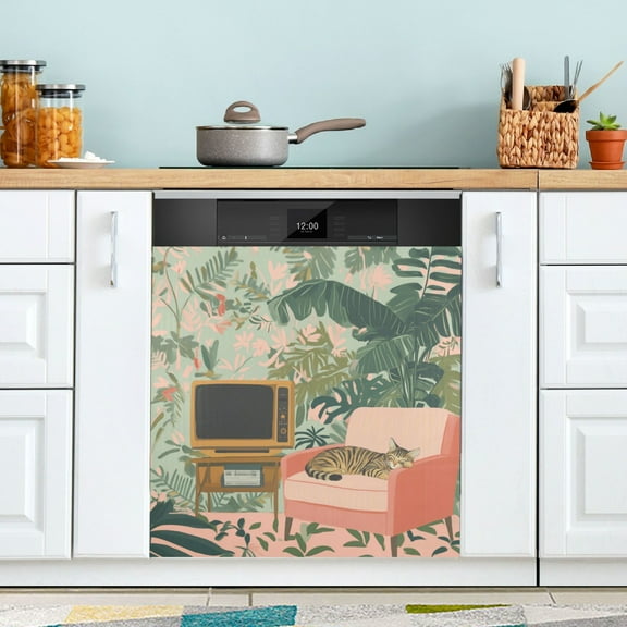 Yayeee Magnetic Dishwasher Cover for The Front Decoration Home Kitchen Machine Sticker Protector, Pink and Green Cat