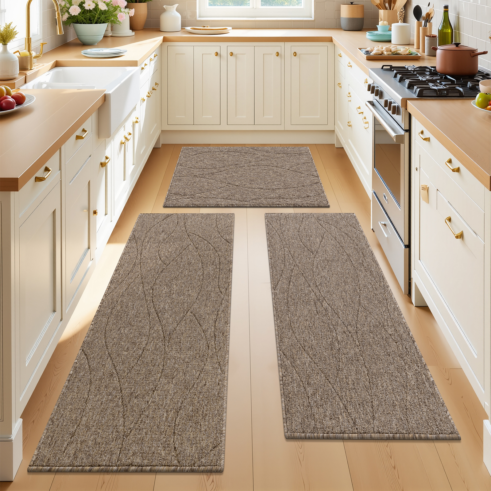 MeyJey Geometric Lines Kitchen Rugs Sets of 3, Non Slip Washable Kitchen Mats for Floor, Brown