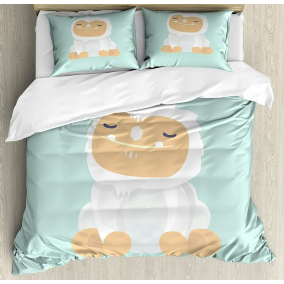 Bigfoot Duvet Cover Set King Size, Graphic Design Yeti Monster Sitting with a Happy Expression, Decorative 3 Piece Bedding Set with 2 Pillow Shams, Mint Green Sand Brown and White, by Ambesonne