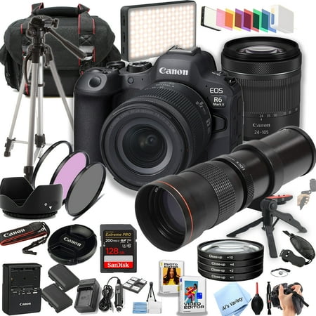 Canon EOS R6 Mark II Mirrorless Camera with 24-105mm + 420-800mm Super Telephoto Lens + 128GB Extreme Memory LED Video Light Filters- 40pc Pro Bundle