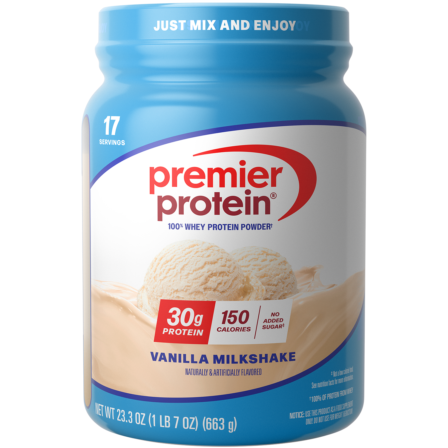Premier Protein 100% Whey Protein Powder, Vanilla Milkshake, 30g Protein, 23.3 oz, 1.7 lb