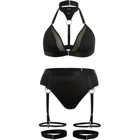 

ZWQIANSDFDFF Women s Plus Size 4 Piece Contrast Mesh Garter Belt Straps Lingerie Set Bra and Panty