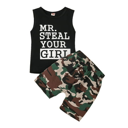 

Baby Boy’s Letter Printed Vest and Camouflage Short Pants Suit