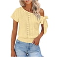 thumbnail image 2 of RRMuAzgs Crochet Knit Top for Women Ruffle Solid Color Off the Shoulder Blouses Summer Beach Vacation Clothes, 2 of 9