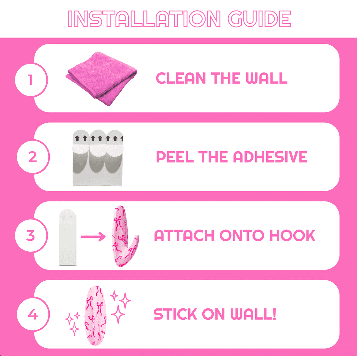 WallCandy Pink Bow Print Stick-On Wall Hooks with 3M Command Strips | 3 Pack