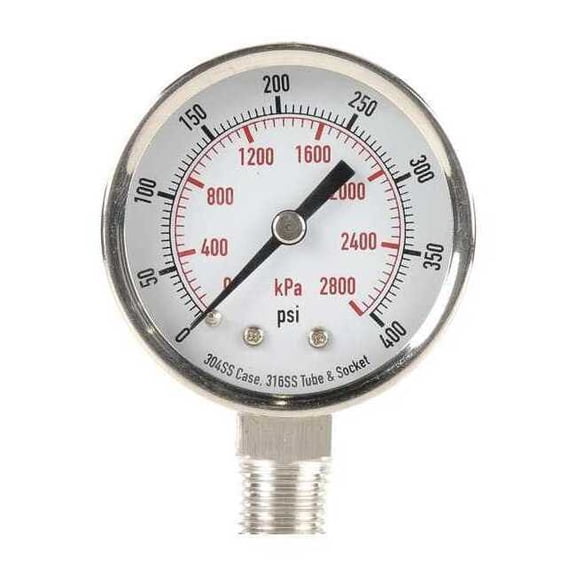 Commercial Pressure Gauge, 0 to 400 psi, 2 in Dial, 1/4 in NPT, Bottom Location