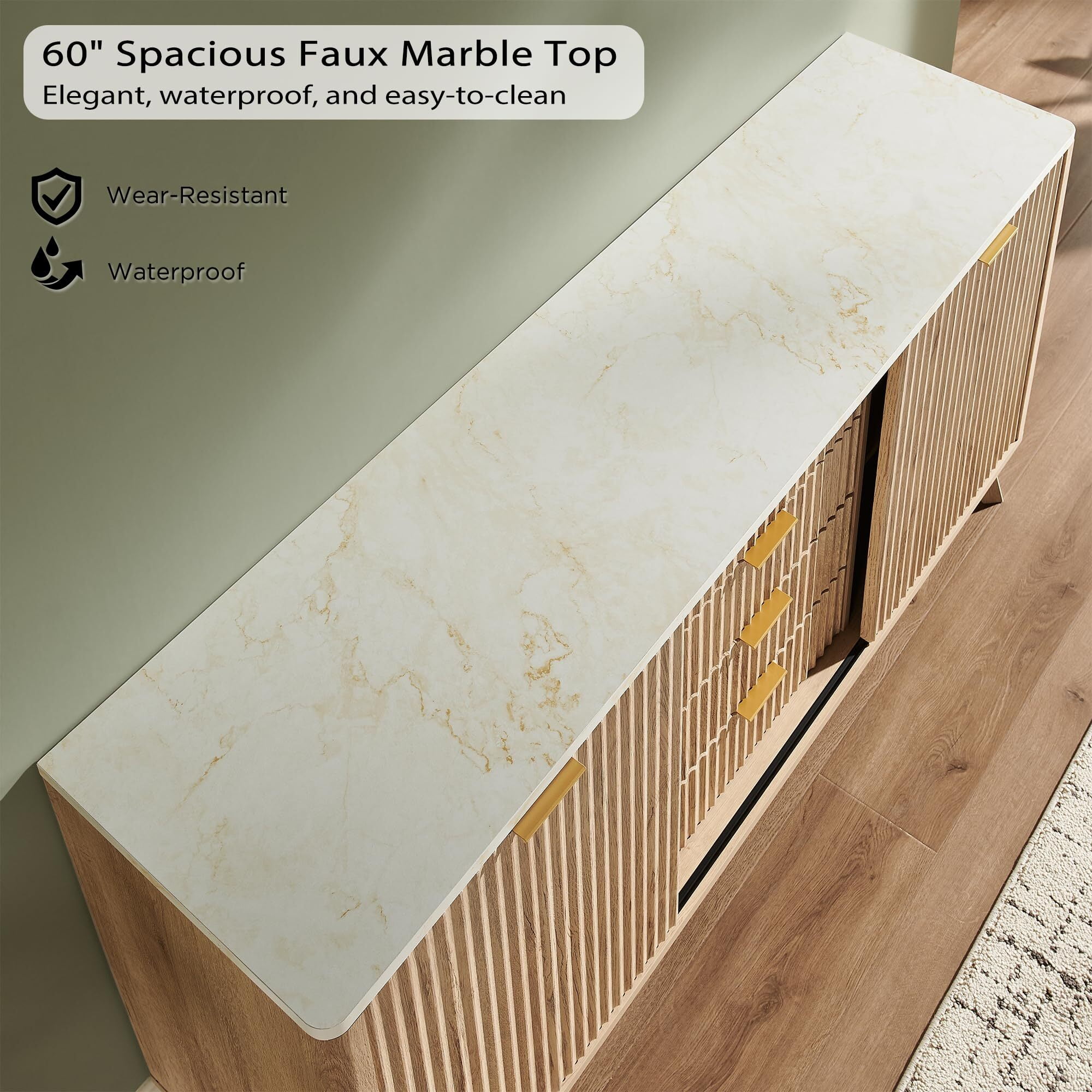 OKD 60" Fluted Wood Dresser with Sliding Doors and 4 Drawers, Modern Chest with Faux Marble Top, Chest of Drawers for Bedroom, Living Room, Natural Oak
