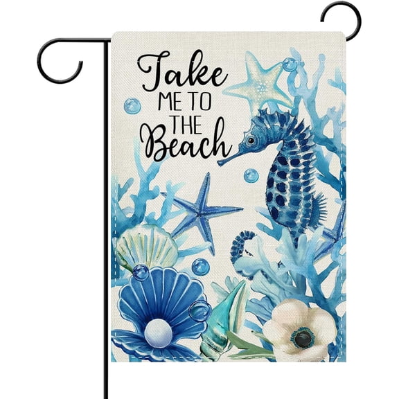 Dyrenson Summer Take Me To The Beach Decorative Garden Flag, Coastal Seahorse Starfish Conch Coral Yard Outside Home Decoration, Spring Anemone Burlap Outdoor Small Decor Double Sided 12 x 18