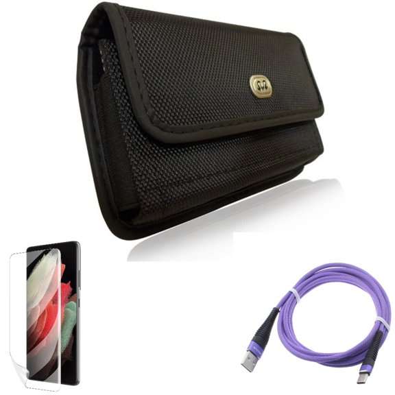 6ft USB Cable & Case Belt Clip & Matte Screen Protector for Samsung Galaxy S22 Plus (S22 ) - Combo Purple Type-C Charger Cord & Rugged Holster & TPU Film Anti-Glare
