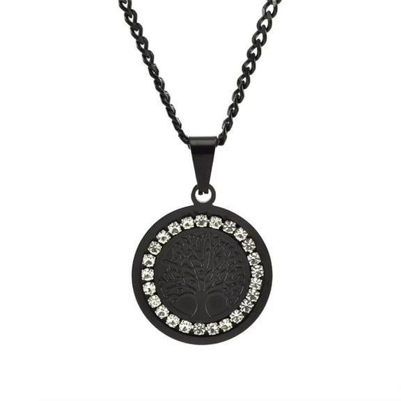 PAURO Men's Stainless Steel Minimalist Engraved Tree Motif Matching Pendant Set for Couples Necklace Black no Chain