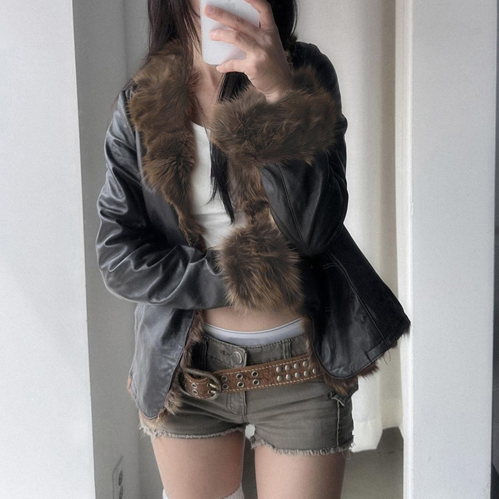 LEBONYARD Women's Trendy Vintage Style Faux Leather Plush Collar Cuff Solid Colored Warm Fit Long Sleeve Casual Outerwear Moto Biker Button Jacket
