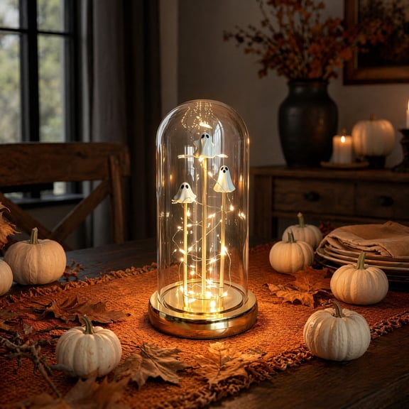 Fountwell Light Up Ghost Figurines Halloween Decor Indoor Cloche Dome Lamp 3.9x7.9in for Mantel Table