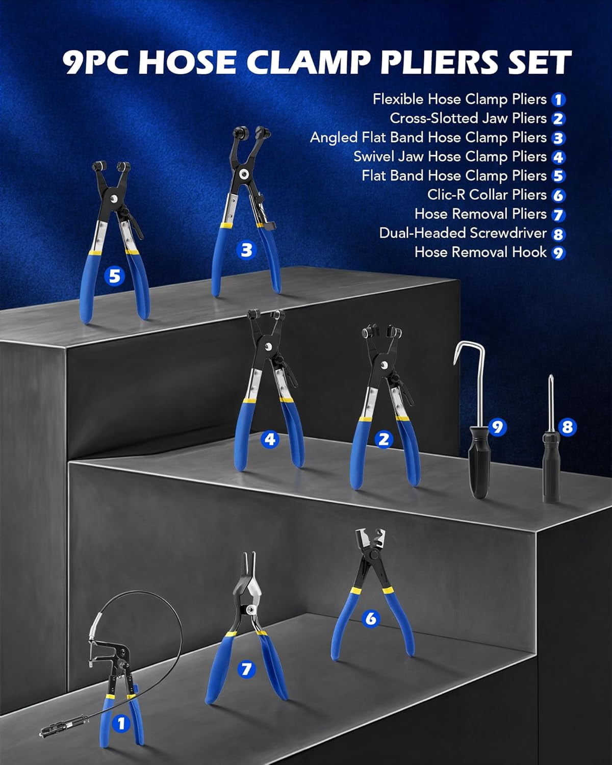 SYNYLIIFE 9 Pcs Hose Clamp Pliers for Fuel Oil & Water Hoses, Automotive Long Reach Hose Clamp Remover Kit with Flexible Wire Clic R Type Swivel Jaw Flat Band Pliers Case, Blue