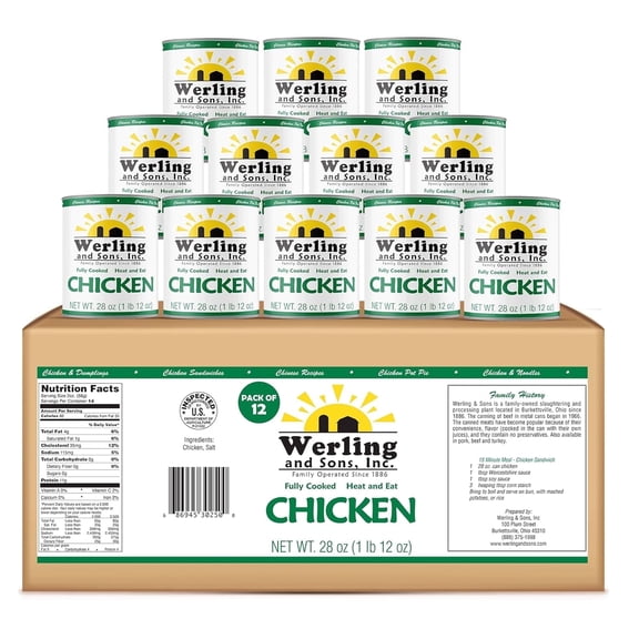 Werling & Sons Canned Chicken 28 Oz, Pack of 12 – Fully Cooked, Ready to Eat, High-Protein Canned Meat with 5-Year Shelf Life – Great for Recipes, Camping, Emergency & Survival – Made in USA