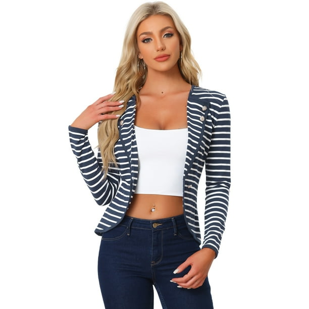 INSPIRE CHIC Chaqueta tipo blazer de rayas ligeras con decoración de botones de solapa con muesca para mujer Azul L