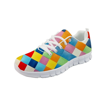 

Women Mesh Sneakers Puzzle Plaid Print Female Lace-up Breathable Tranier Shoes Student Autumn Footwear Flat Shoes