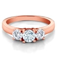 thumbnail image 2 of Gem Stone King 18K Rose Gold Plated Silver 3-Stone Ring Round Sky Blue Aquamarine and Moissanite (0.96 Cttw, Size 6), 2 of 5